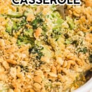 Broccoli cheese casserole in a white dish.