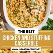 Chicken stuffing casserole in a baking dish.