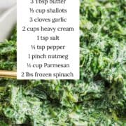 Creamed spinach with ingredients listed.