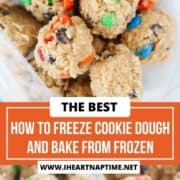 Frozen cookie dough on a tray and in freezer bag.