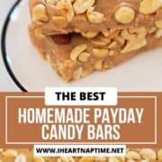 Homemade PayDay candy bars on a plate.