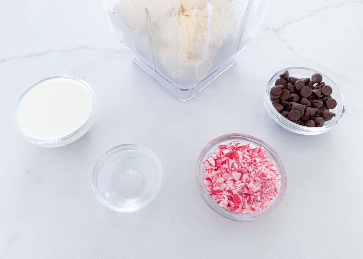 Peppermint milkshake ingredients on the counter.