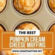 Pumpkin cream cheese muffins in muffin tin and one open from the wrapper and split in half.