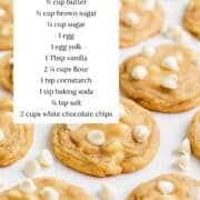 White chocolate chip cookies with ingredients listed.