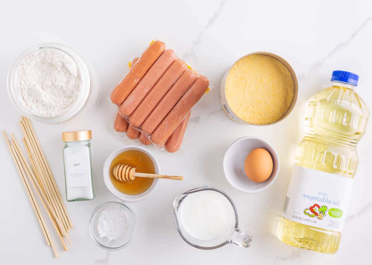 Corn dog ingredients on the counter.