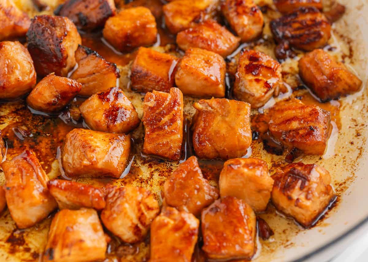 Showing how to make salmon bites.