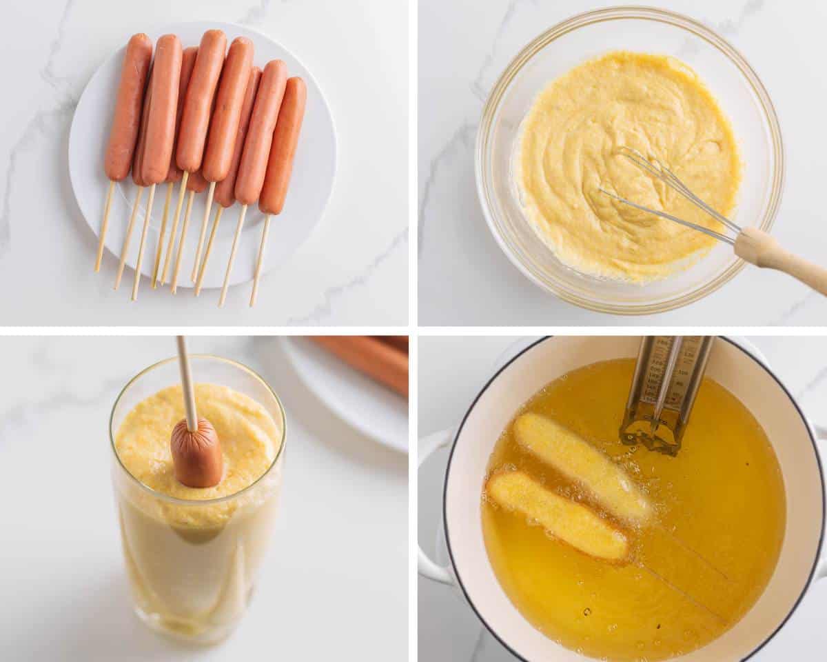 Showing how to make corn dogs.