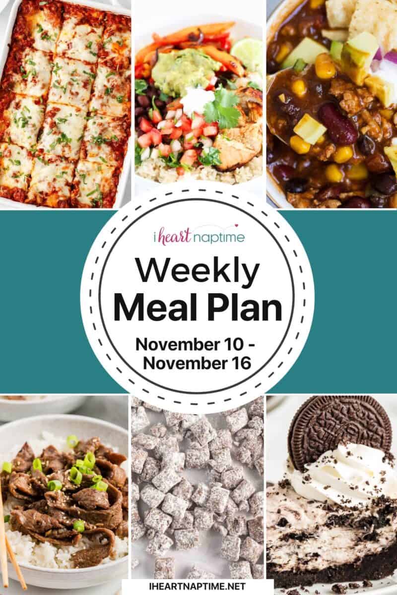 Photo collage of recipes for a weekly meal plan for I Heart Naptime.