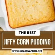 Jiffy corn bread pudding in a baking dish and then on serving spoon.