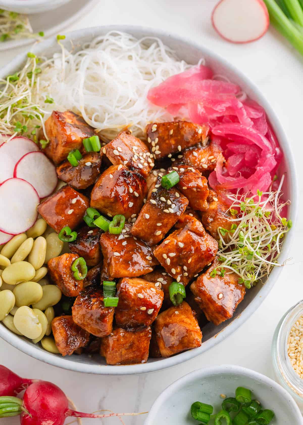 Salmon bites in a bowl. 