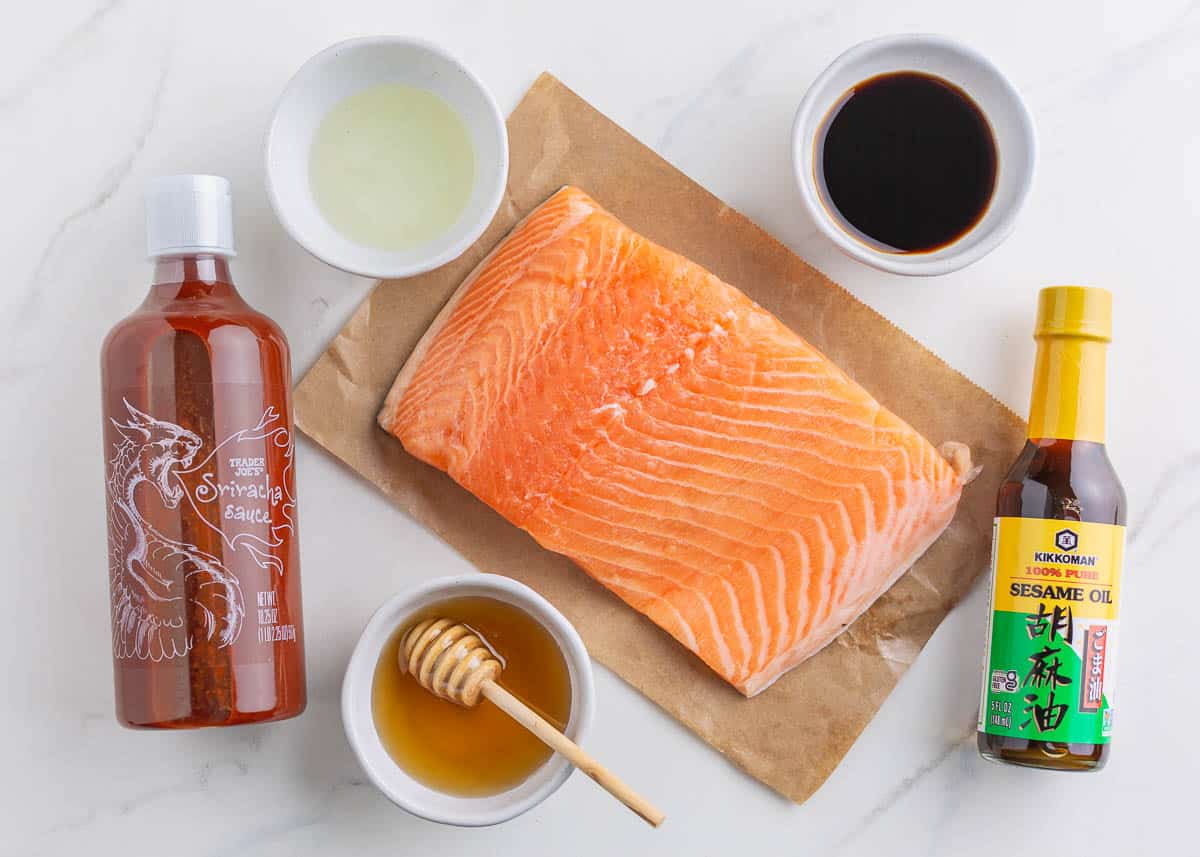 Salmon bites ingredients on counter.