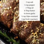 Beef tenderloin in a oven proof skillet with ingredients listed.