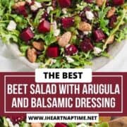 Beet salad with arugula and balsamic dressing in a bowl.