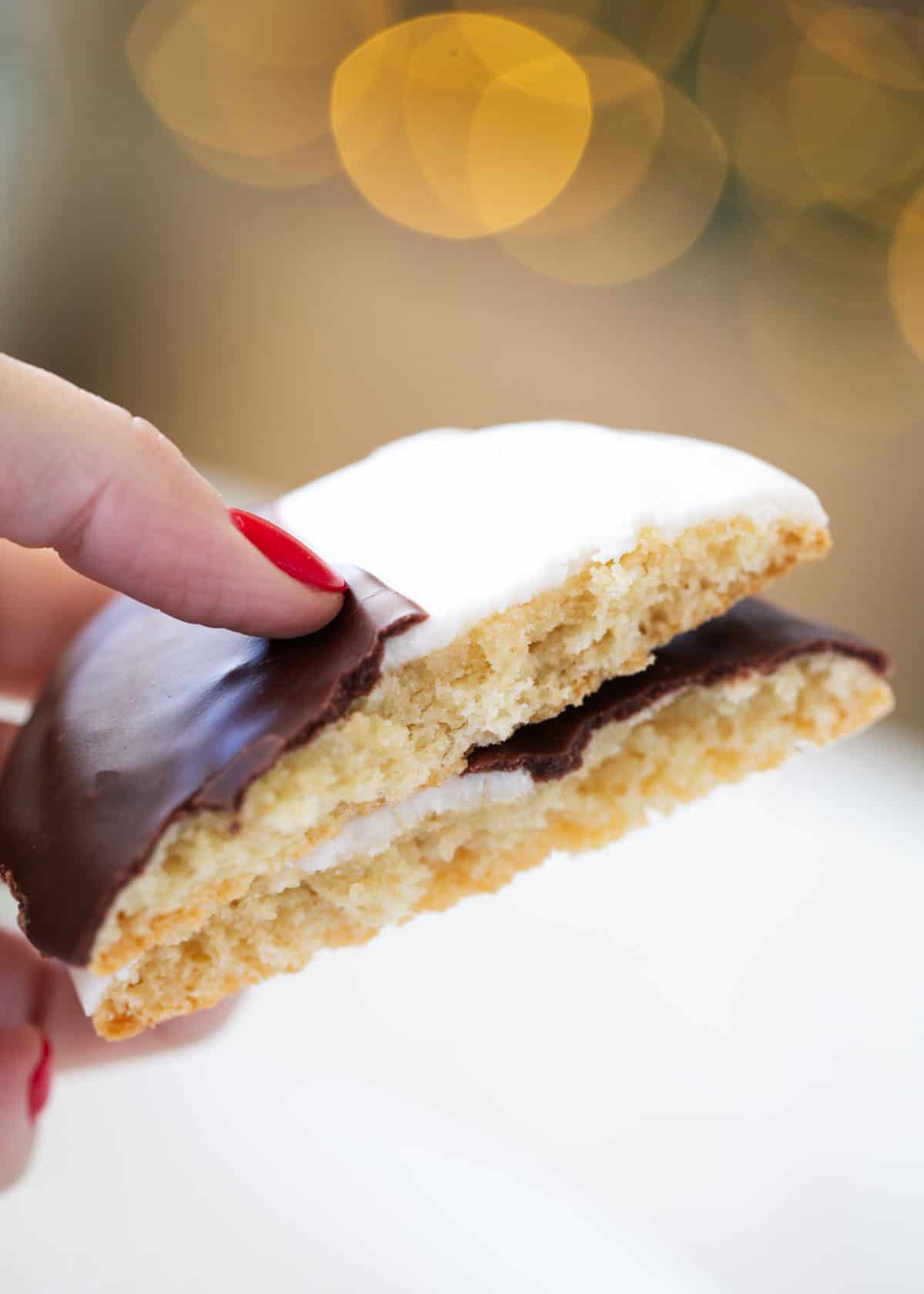 Black and white cookies cut in half.