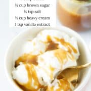 Butterscotch sauce drizzled over ice cream with ingredients.