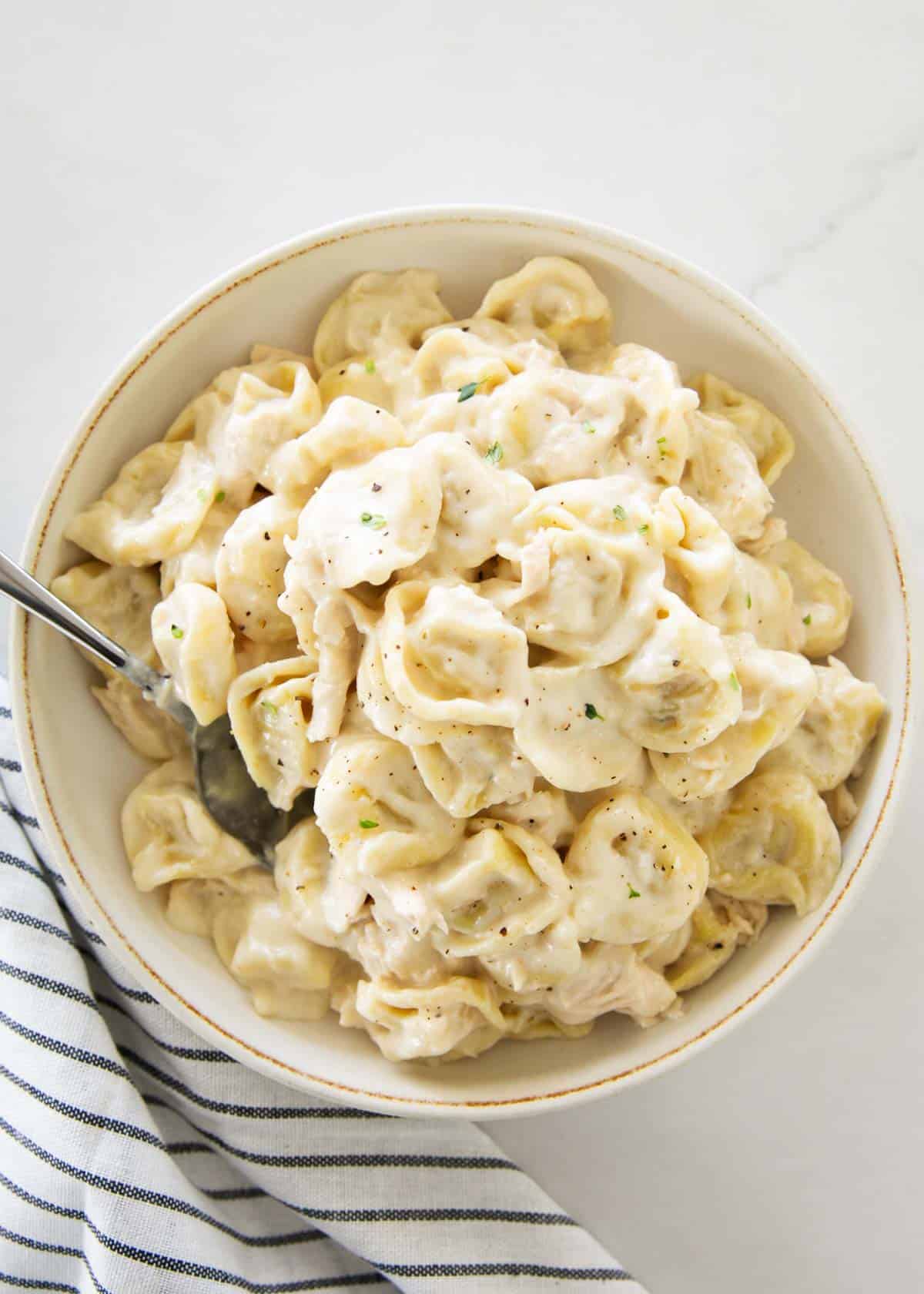 Chicken tortellini alfredo in a bowl.