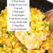 Creamed corn with ingredients listed.