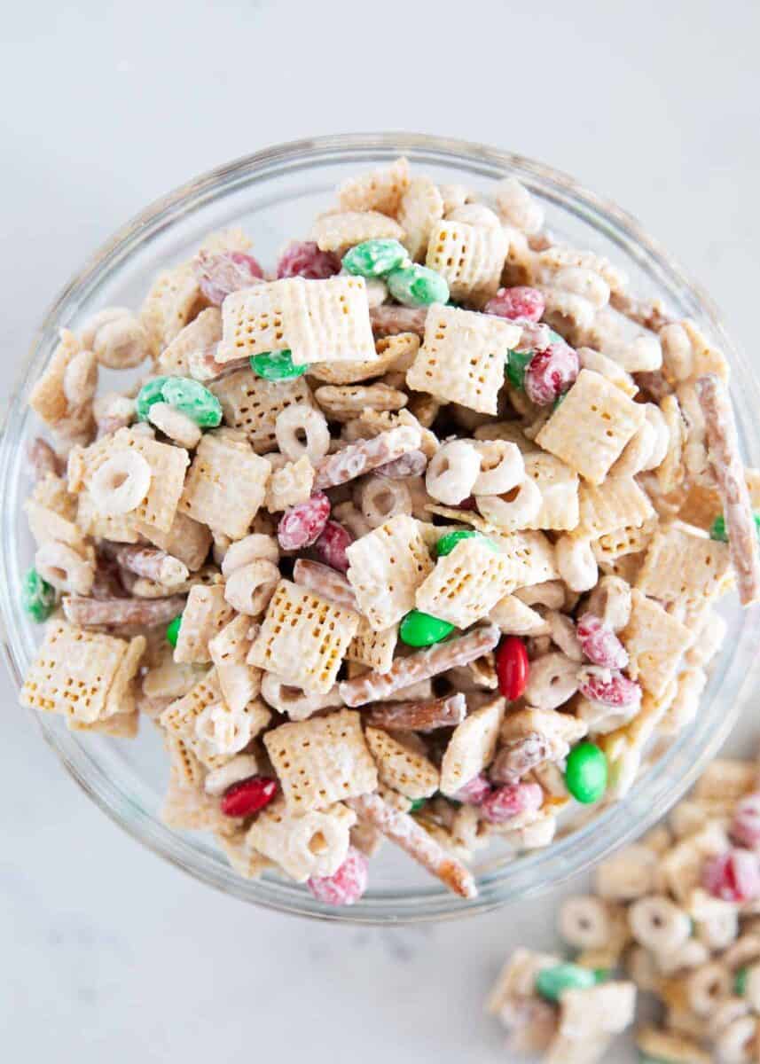 Christmas chex mix in a bowl.