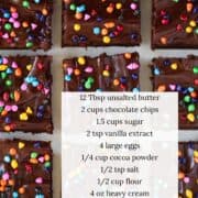 Cosmic brownies cut into squares with ingredients listed.