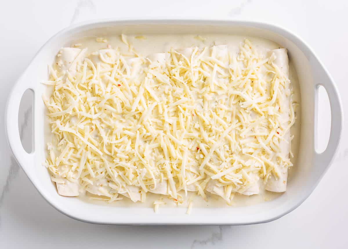 Creamy chicken enchiladas in a baking dish with cheese on top.