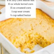 Jiffy corn pudding in a baking dish with ingredients listed.