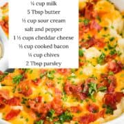 Mashed potato casserole in a baking dish with ingredients listed.