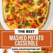 Mashed potato casserole in a white baking dish.