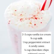 Chick-fil-A copycat peppermint milkshake in glass with ingredients listed.