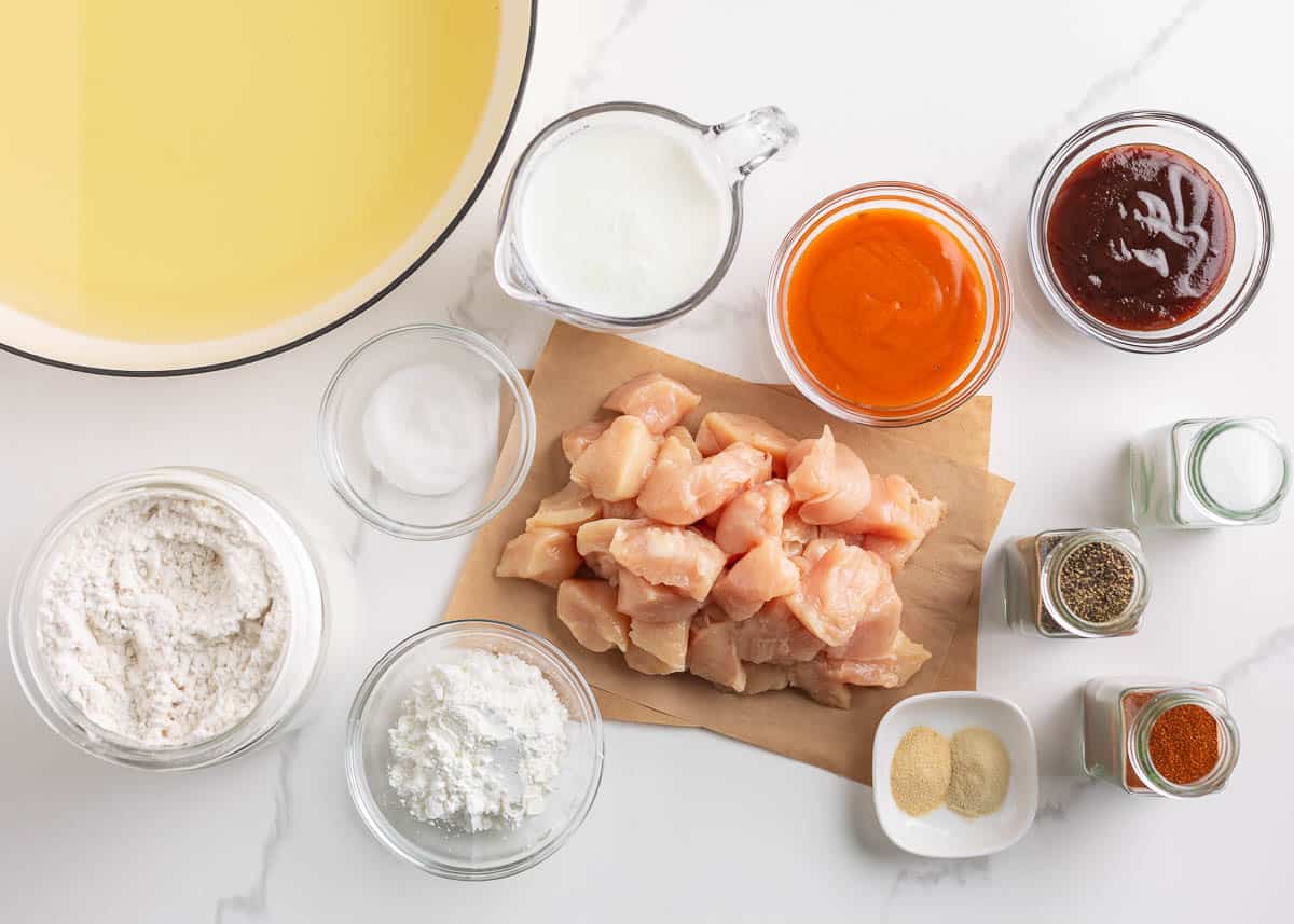 Boneless chicken wings ingredients on the counter.