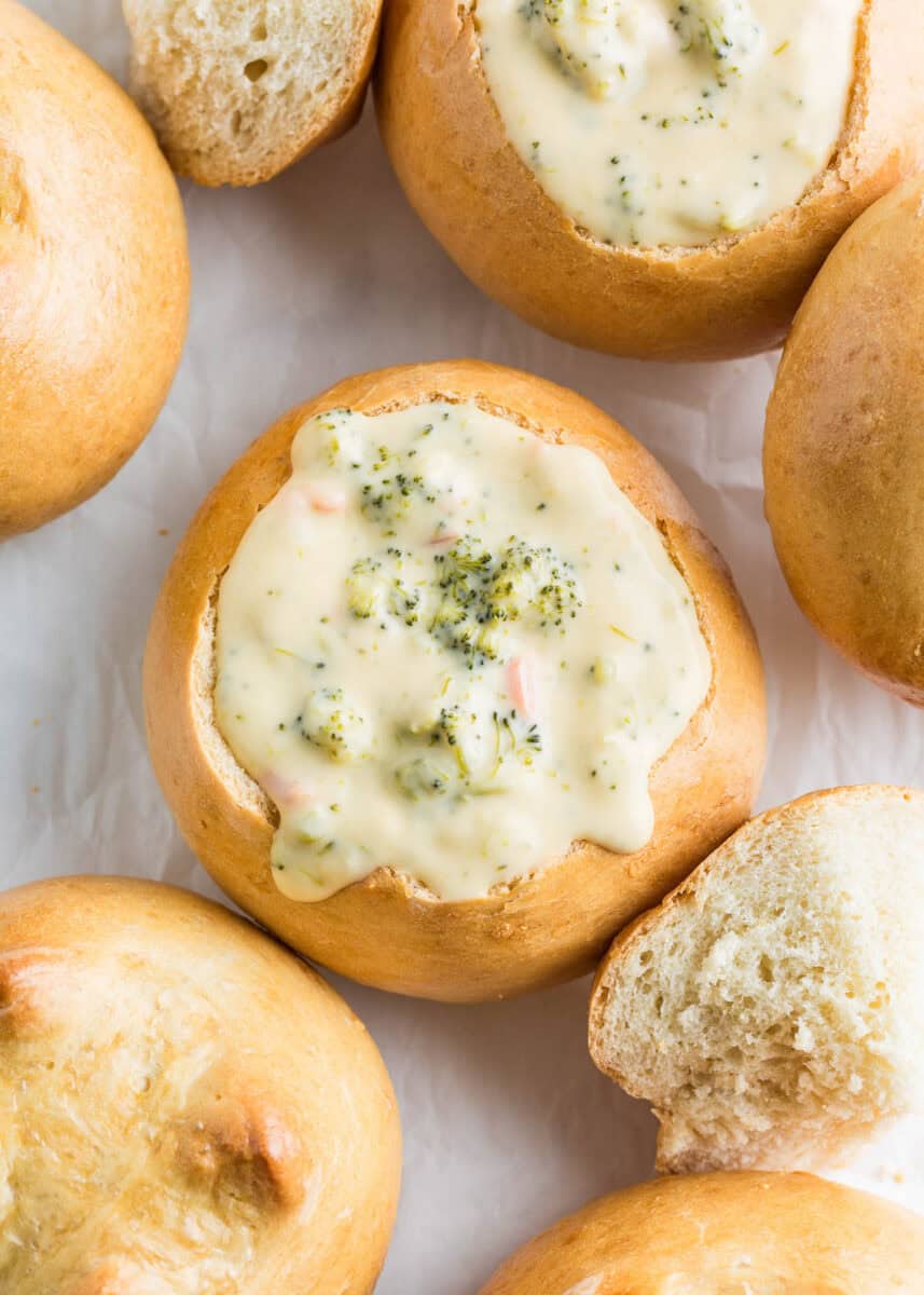 Homemade bread bowls with soup.