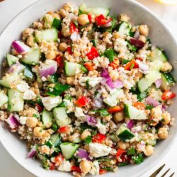 Bulgur salad in a white bowl.