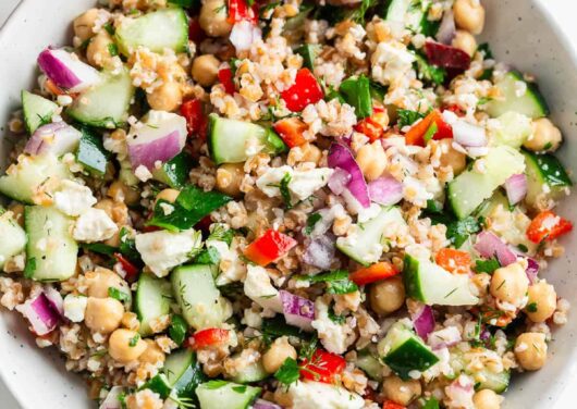 Bulgur salad in a white bowl.