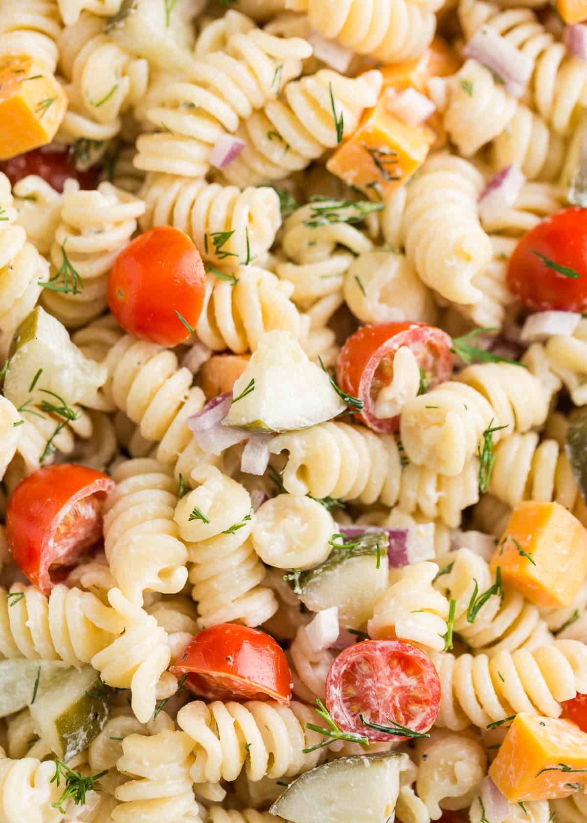 Close up of dill pickle pasta salad.