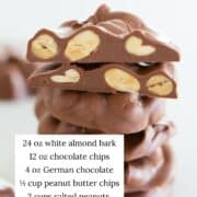 A stack of crockpot candy showing nuts inside with ingredients listed.