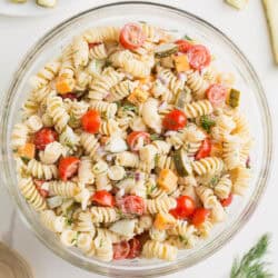 A bowl of dill pickle pasta salad.