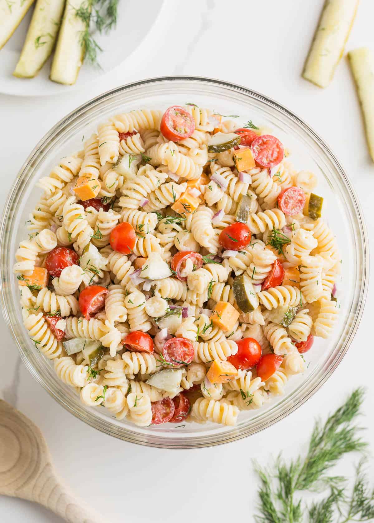 A bowl of dill pickle pasta salad.