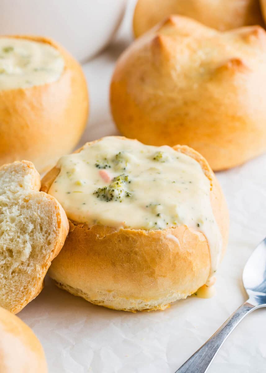 Homemade bread bowls with soup inside.