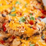 Mexican chicken and rice bake in a casserole dish.