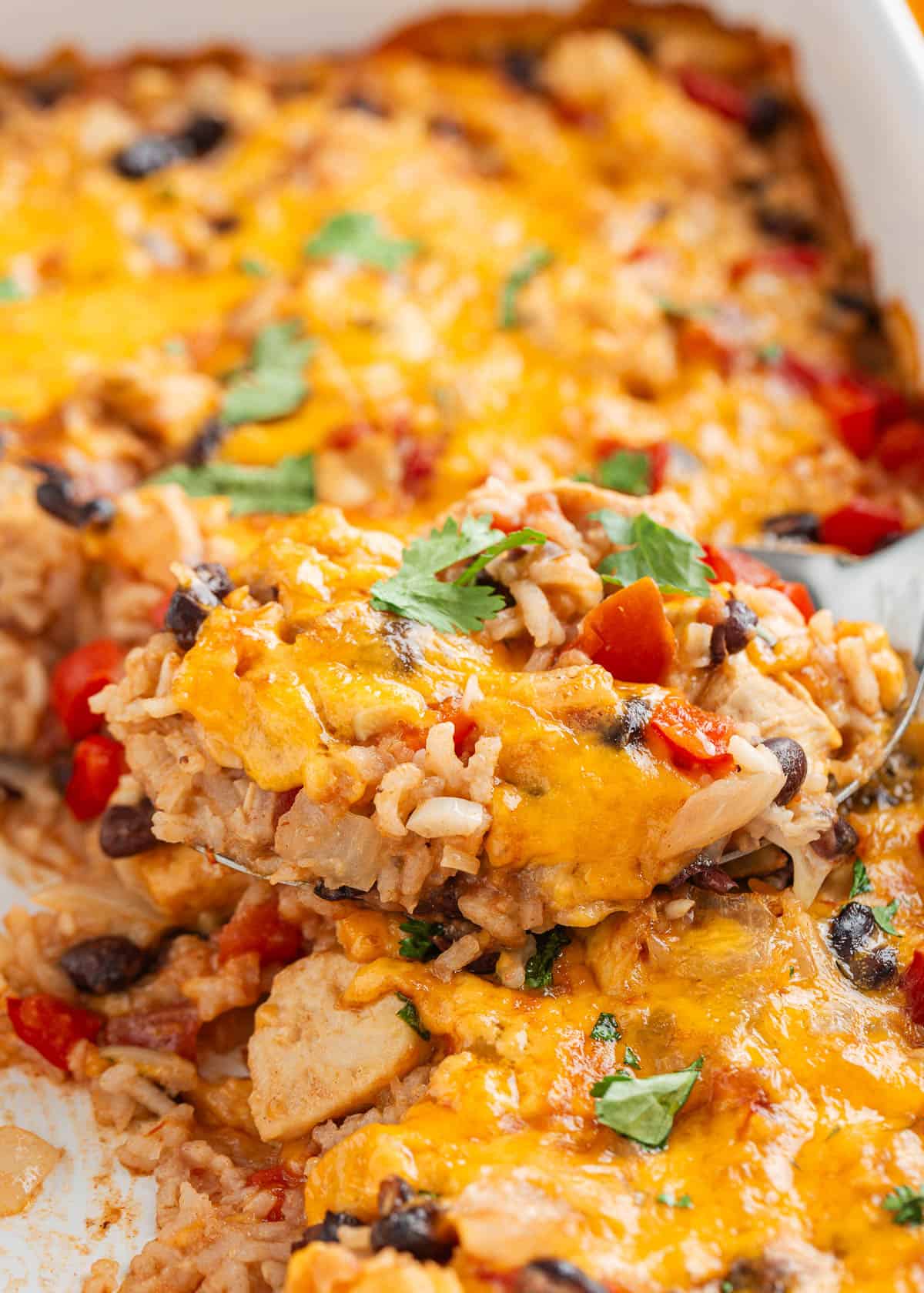 Mexican chicken and rice bake in a casserole dish.