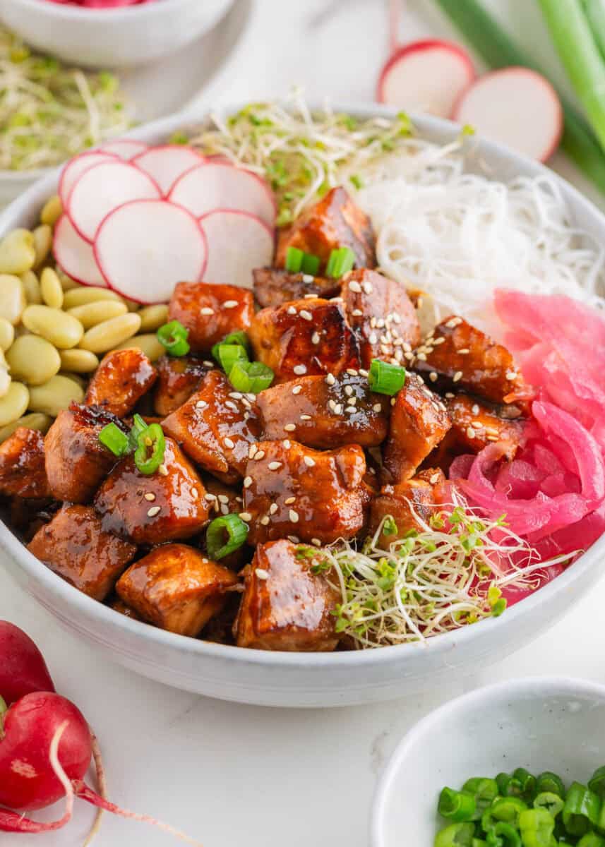 Salmon bowl with rice and veggies.