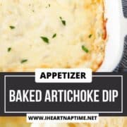 Baked artichoke dip in baking dish with crostini being dipped into it.