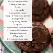 Chocolate almond joy cookies with ingredients listed.