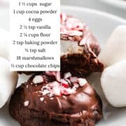 Chocolate marshmallow cookies with ingredients listed.