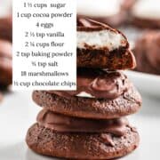 A stack of 3 chocolate marshmallow cookies with ingredients listed.