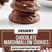 Chocolate marshmallow cookies stacked and some with peppermint on top.