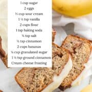 Cinnamon roll banana bread with ingredients listed.