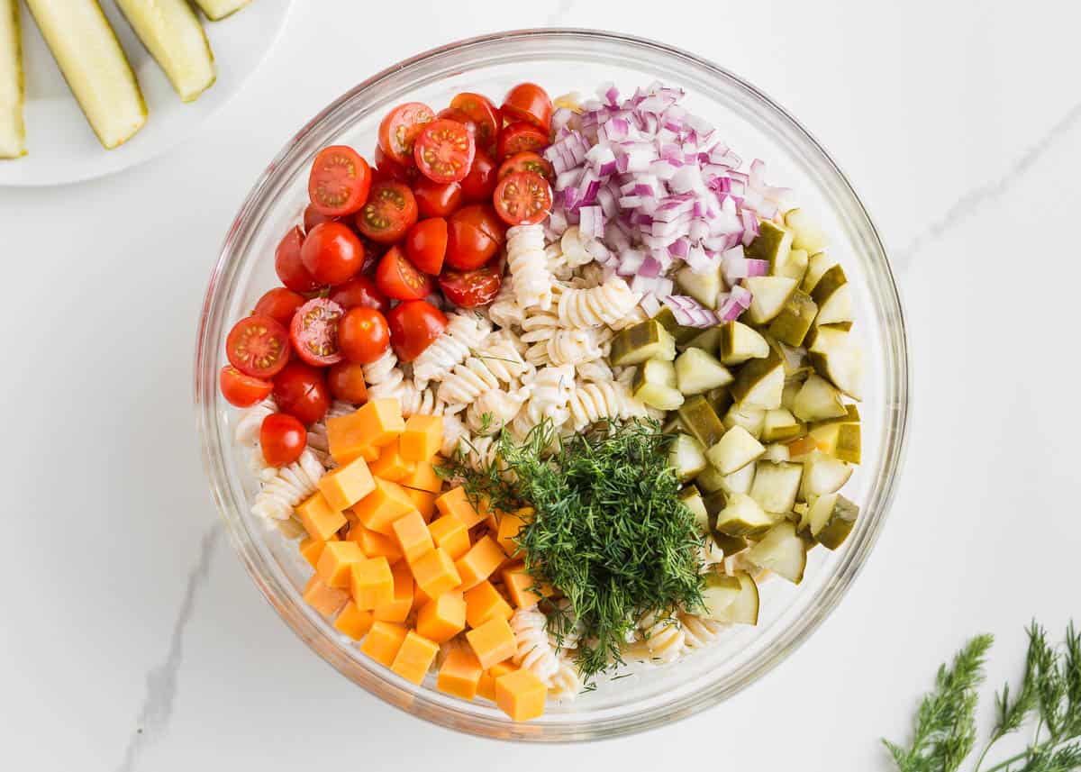 Tomatoes, onions, pickles, fresh dill, cheese and pasta in a bowl.