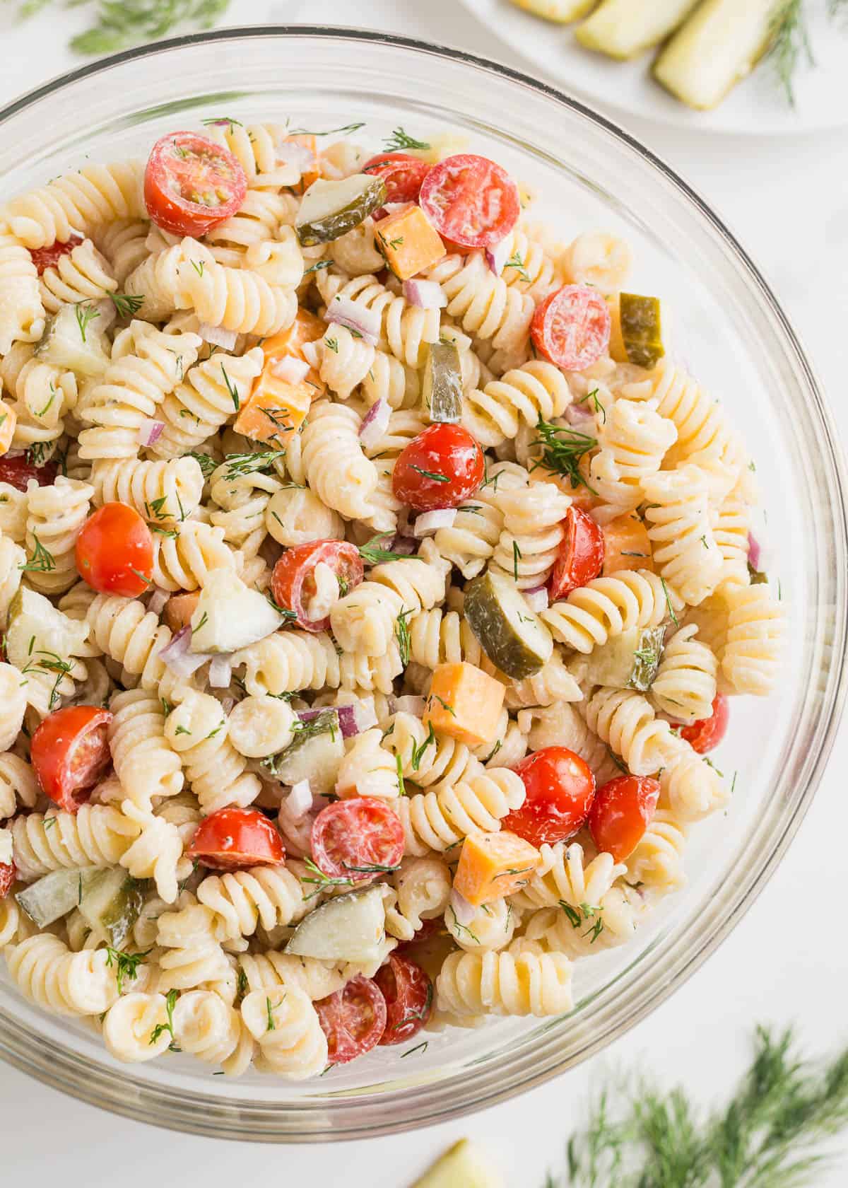 Dill pickle pasta salad in a bowl.