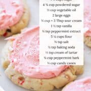 Peppermint swig sugar cookies on baking sheet with ingredients listed.