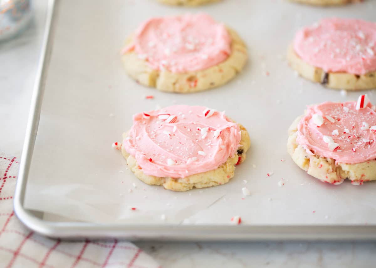 Peppermint sugar cookies on baking sheet.